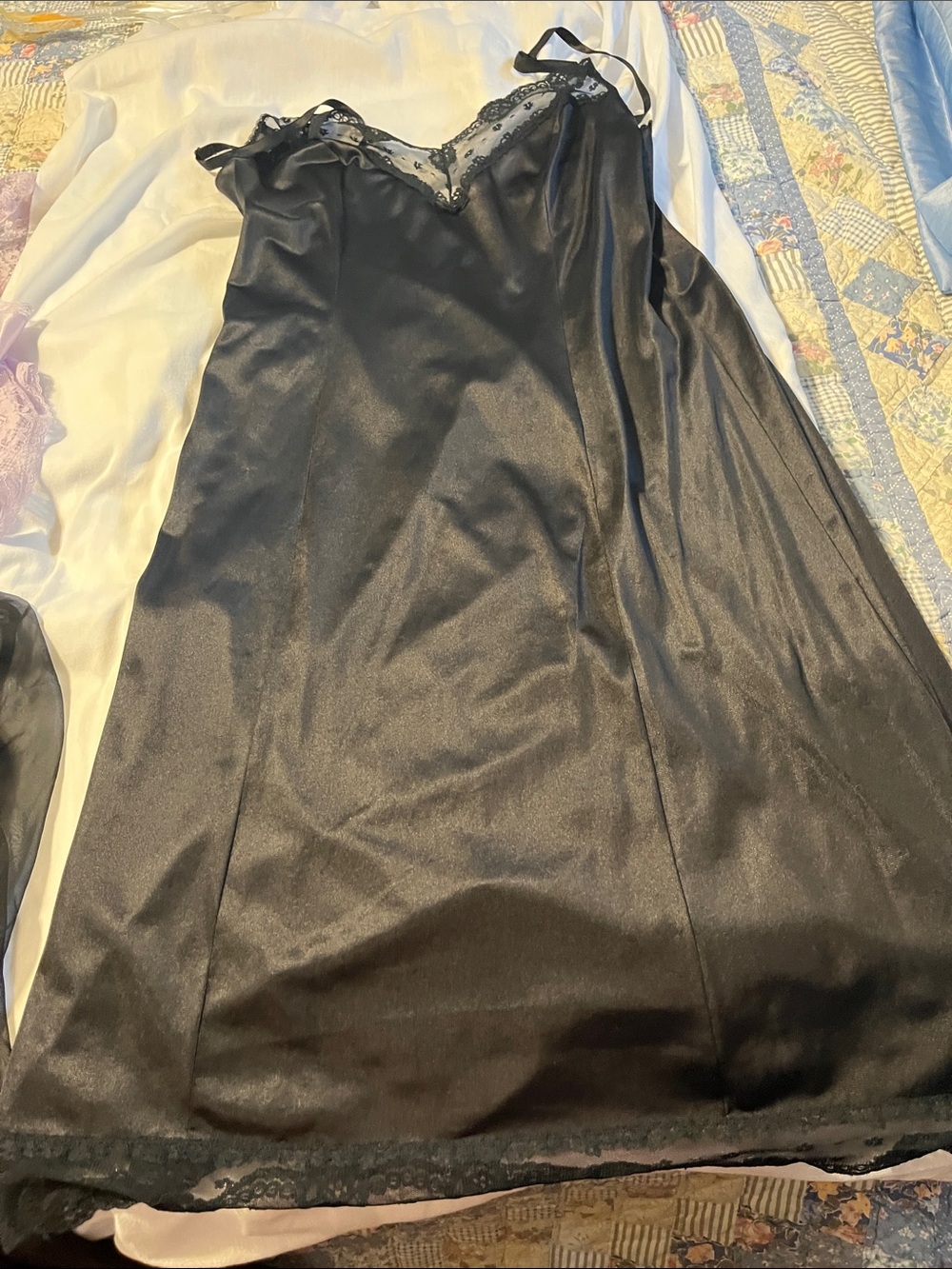 Satin Slip Dress with Lace Trim - Black